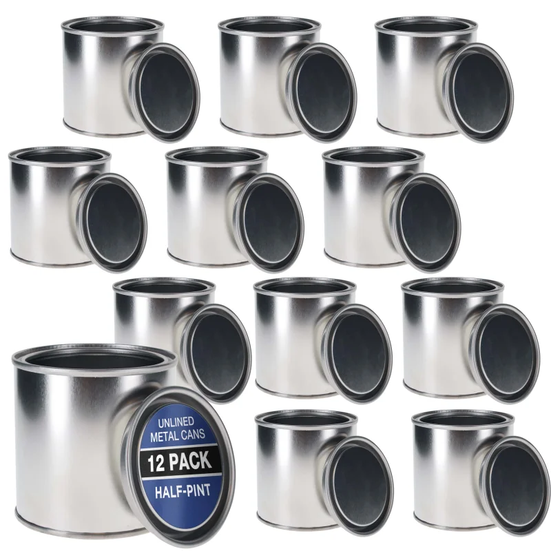 1/2 Pint Unlined Empty Metal Paint Can Bucket with Lids, Pack of 12 - Triple Tight Lid Seal, 8 fl. oz. Steel Coating Storage Container Tin