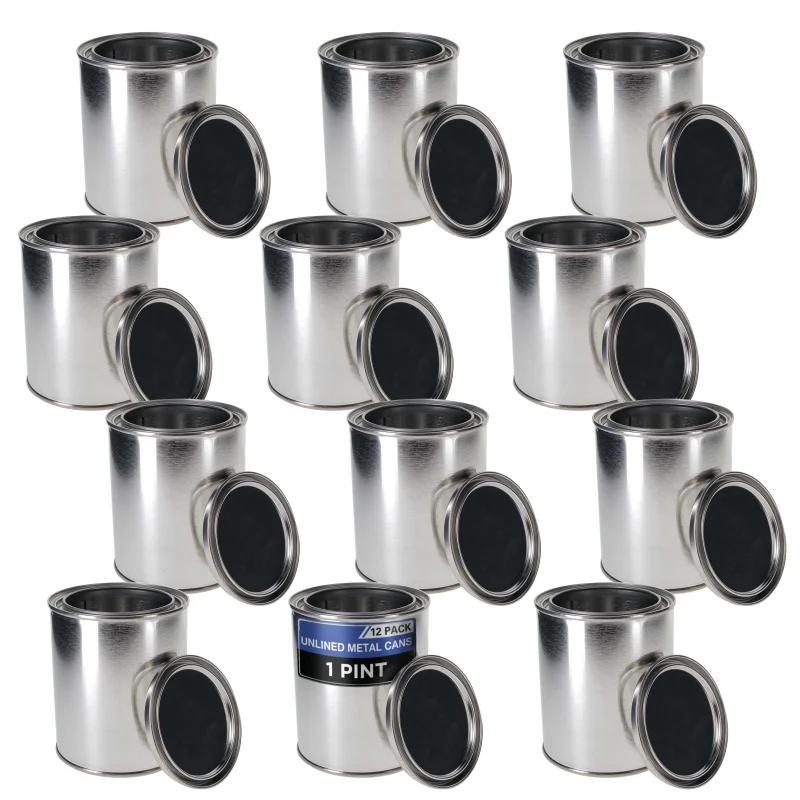 1 Pint Unlined Empty Metal Paint Can Bucket with Lids, Pack of 12 - Triple Tight Lid Seal, 16 fl. oz. Steel Coating Storage Container Tin