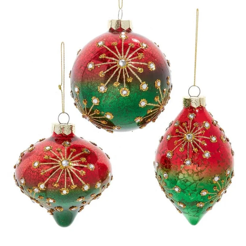 100MM Red, Green & Gold Glass Ornament