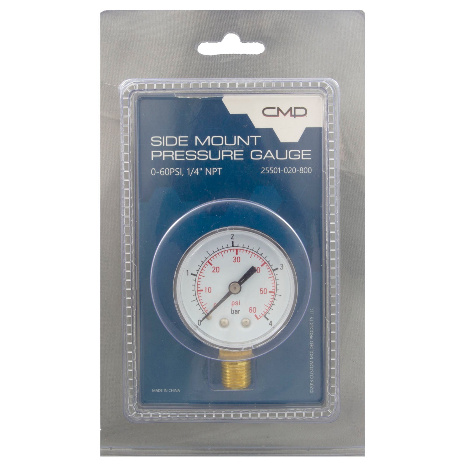 0-60 Pressure Gauge, Bot/Side Mount Clam Shell Pack