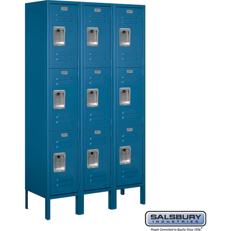 12" Wide Triple Tier Standard Metal Locker - 3 Wide - 5 Feet High - 12" Deep by Salsbury Blue