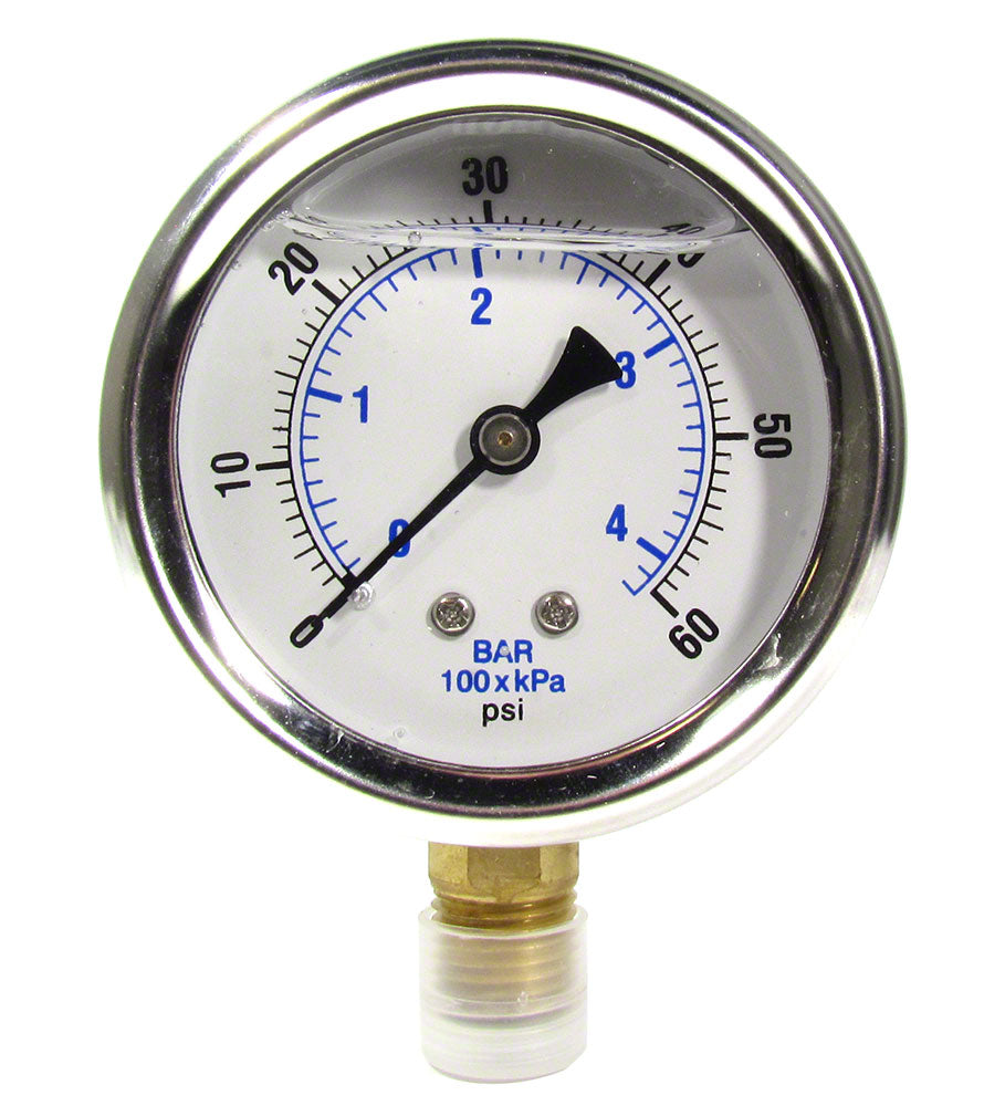 0 to 60 PSI Liquid Filled Pressure Gauge - 1/4 Inch Bottom Mount - 2-1/2 Inch Face - Stainless Steel Case