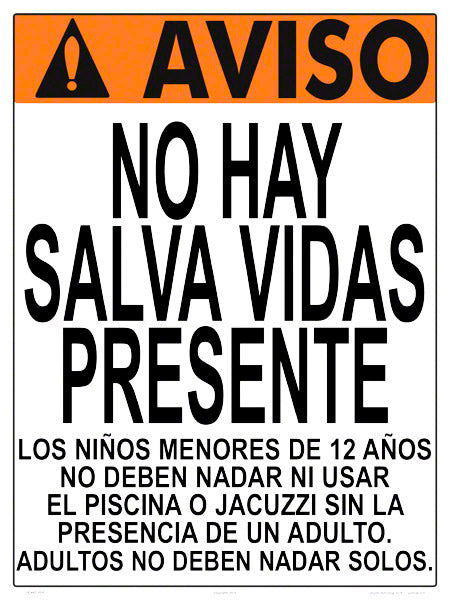 Iowa/Washington No Lifeguard Warning Sign in Spanish (12 Years and Under) - 18 x 24 Inches on Styrene Plastic
