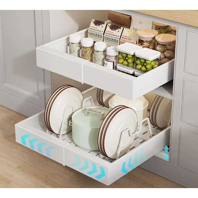 2 Pack Pull out Cabinet Organizer 21" Deep With Raising Pad for Framed Cabinets, Expandable Slide out Drawers for Kitchen Cabinets with 4pcs Divider Racks, Roll out Shelves 9"-14" W White