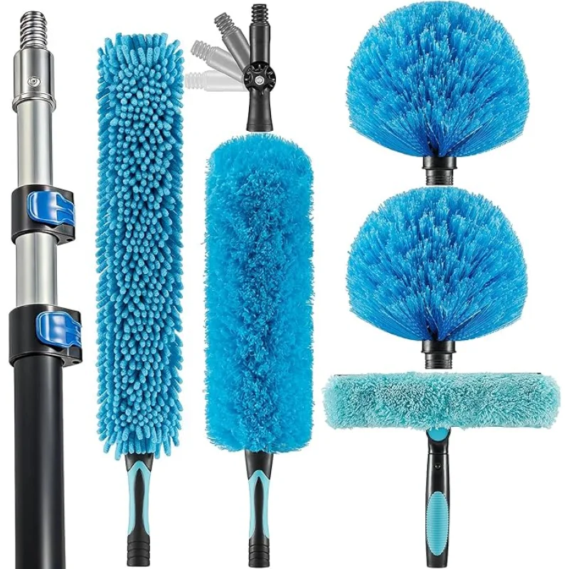 20 Foot High Ceiling Fan Duster with 5-12ft Extension Pole, Extendable Reusable Cobweb, Feather, Window Cleaning Squeegee Kit