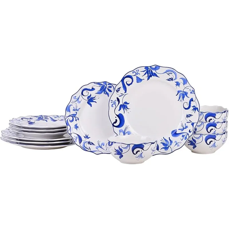 222 Fifth 12-Piece Porcelain Dinnerware Set for 4, Blue & White Plates and Bowls Set, Glossy Ceramic Dish Set with Beautiful Floral Rims, Elegant Kitchen Dishes, Microwave & Dishwasher Safe, Ayla