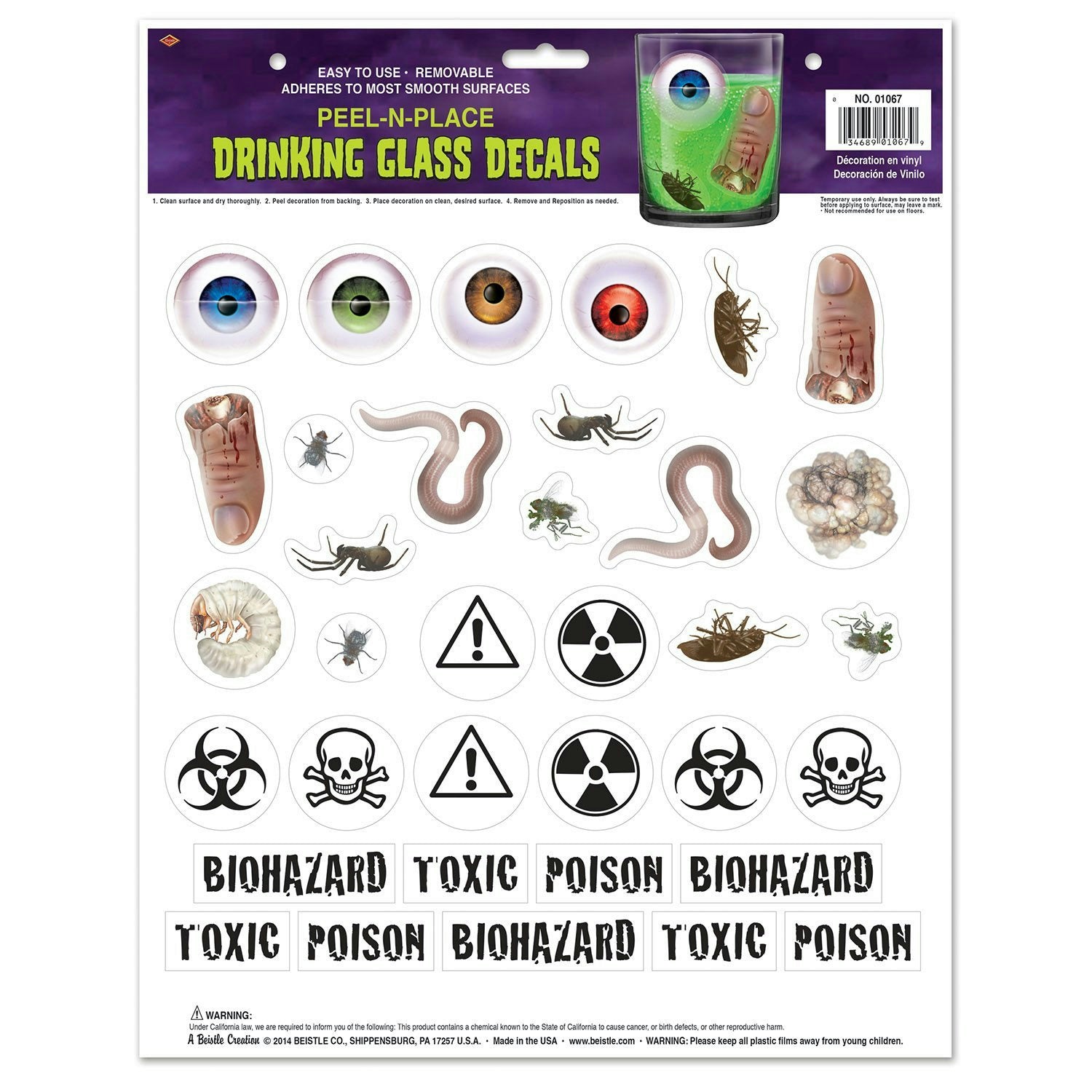 Beistle Drinking Glass Decal Peel 'N Place Bugs Eyeballs Toxic Biohazard