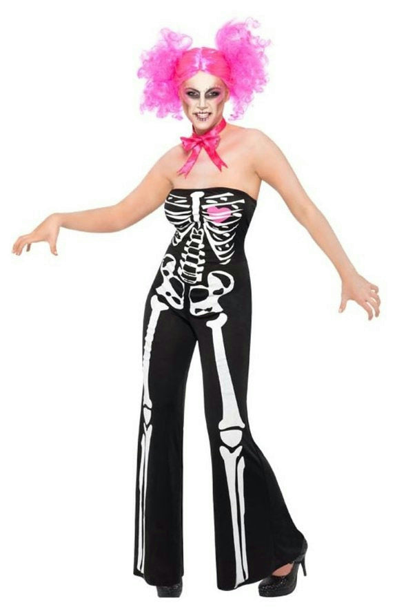 Womens Sassy Sexy Skeleton Adult Costume Jumpsuit and Neck Tie Size XS