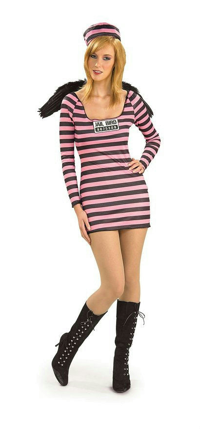 Jailbird Womens Jail Bird Convict Prisoner Ladies Adult Pink and Black Costume