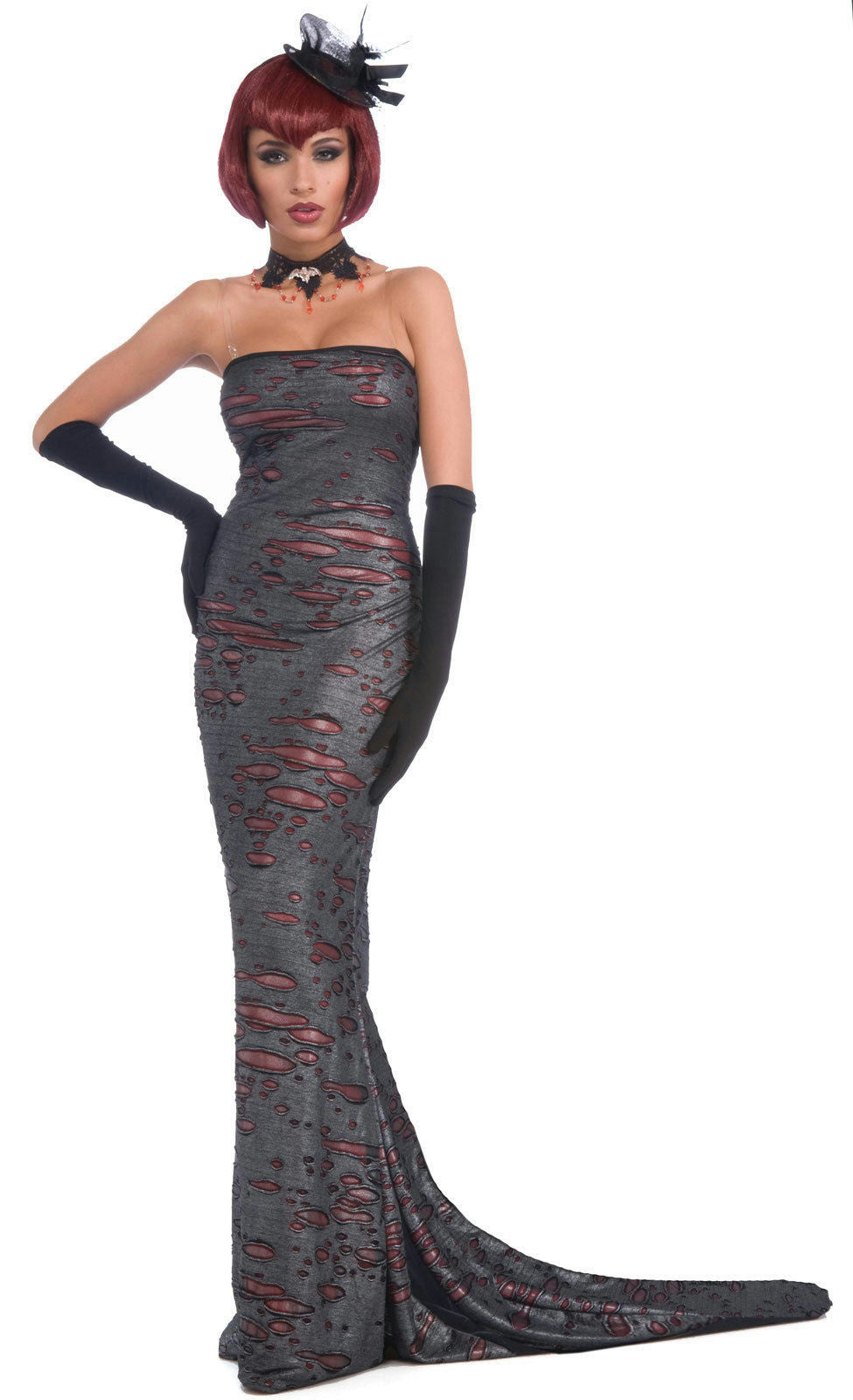 Women's Long Gray Torn Tattered Red Slit Couture Gothic Diva Adult Costume Dress