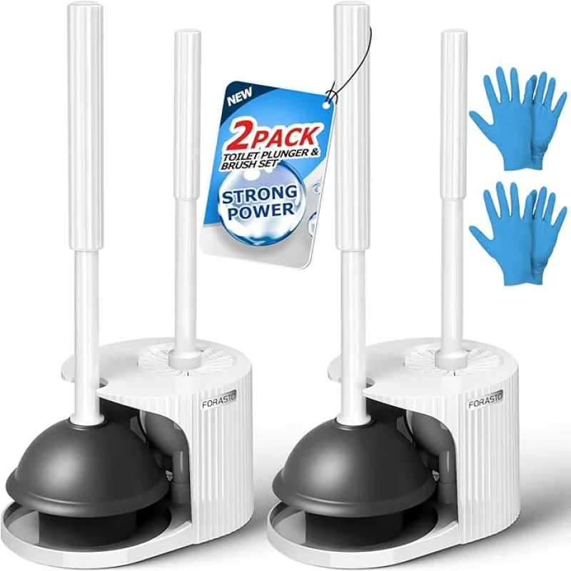 2Pack 2 in 1 Toilet Brush and Plunger Set, Extended Handle PlungerToilet Bowl Brush Plunger Set,Bathroom Cleaning Tools Toilet Brush Plunger ComboCleaning BrushCleaning Supplies(White)
