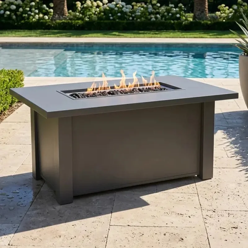 32"x50" Graphite Fire Table W/ Lid Black Reflective Glass 1/4"