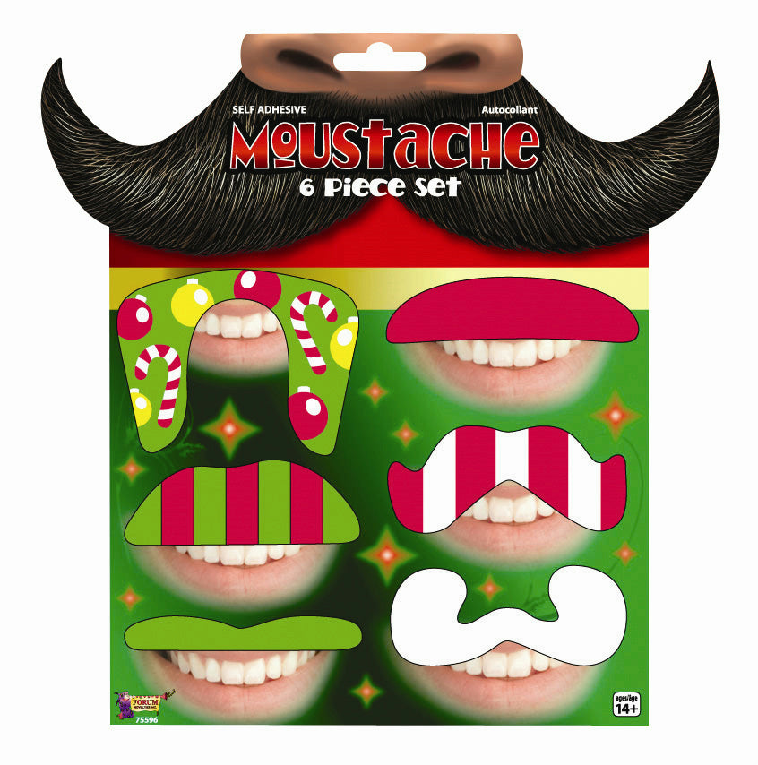 Festive Christmas Mustaches Tattoo Set 6pcs Holiday Party Fun Pack