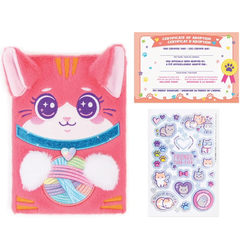 3C4G Happy Tails Plush Cat Adoption Journal - Pink Diary for Girls 6+