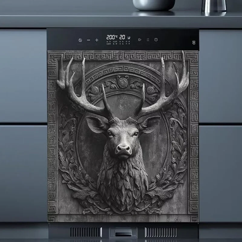 3D Deer Head Dishwasher Magnetic Full Door Sticker, Gray Stone Flower Carving Magnet Refrigerator Cover for Home Appliance, Animal Deer Vinyl Decal for Dishwasher (23" x 26" Magnetic)