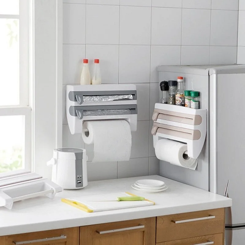4-In-1 Kitchen Roll Holder and Dispenser for Foil, Film, Wrap & Towels | Wall-Mounted Organizer for Clutter-Free Kitchen Brown