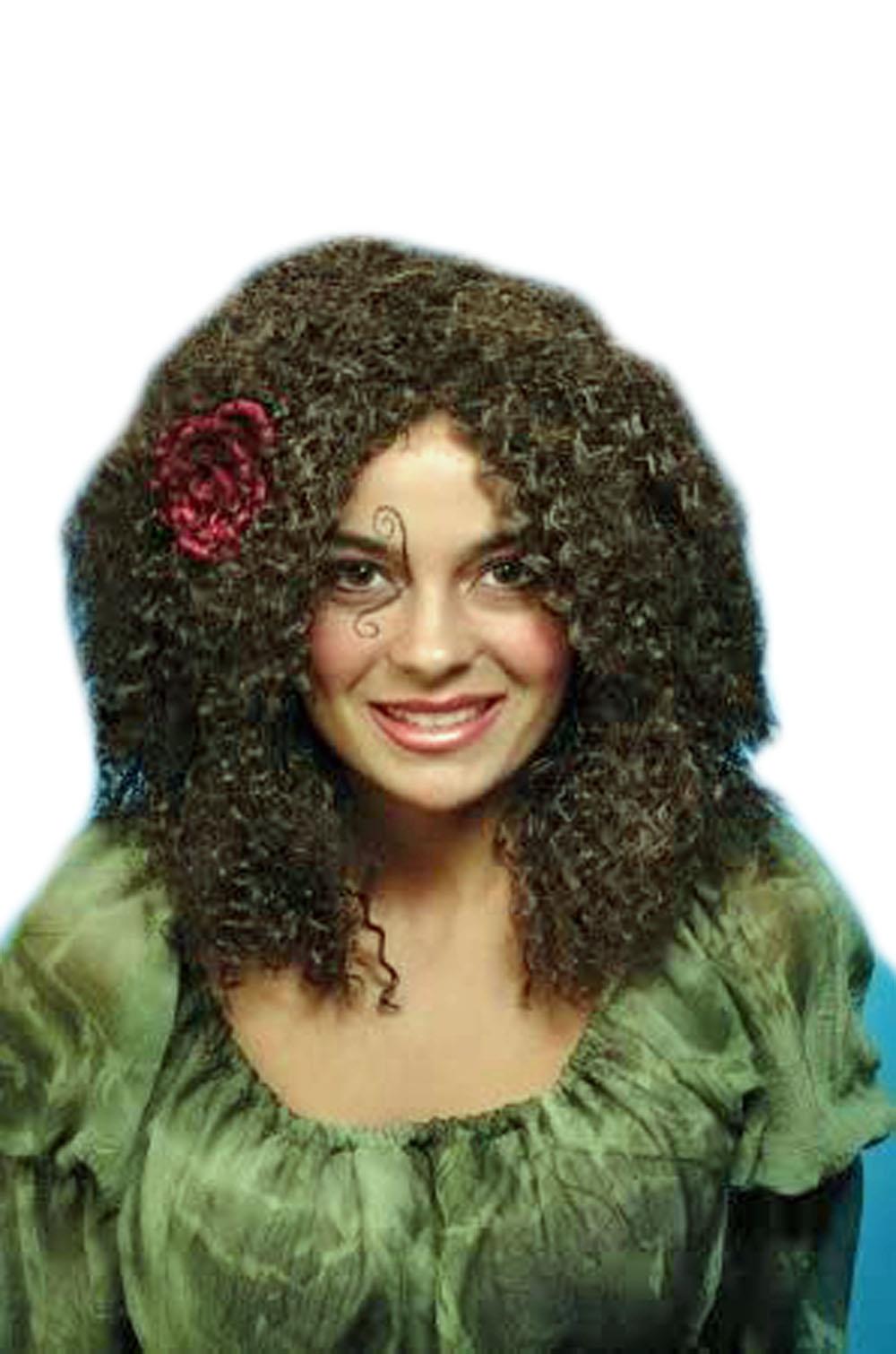 Gypsy Brown Shoulder Length Curly Wig with Red Flower