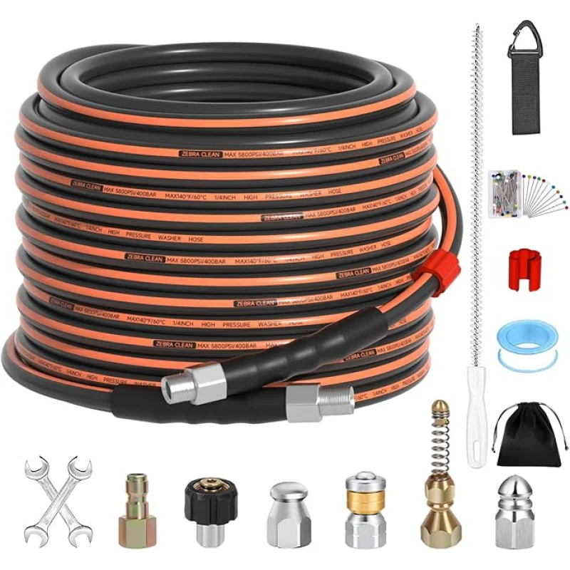 50FT Sewer Jetter Kit for Pressure Washer, 1/4" NPT Corner Drain Cleaner Hose 5800 PSI with Sewer Jetting Nozzles, Pearl Corsage Pin, Waterproof Tape, Extension Cord Organizer&2 Spanner