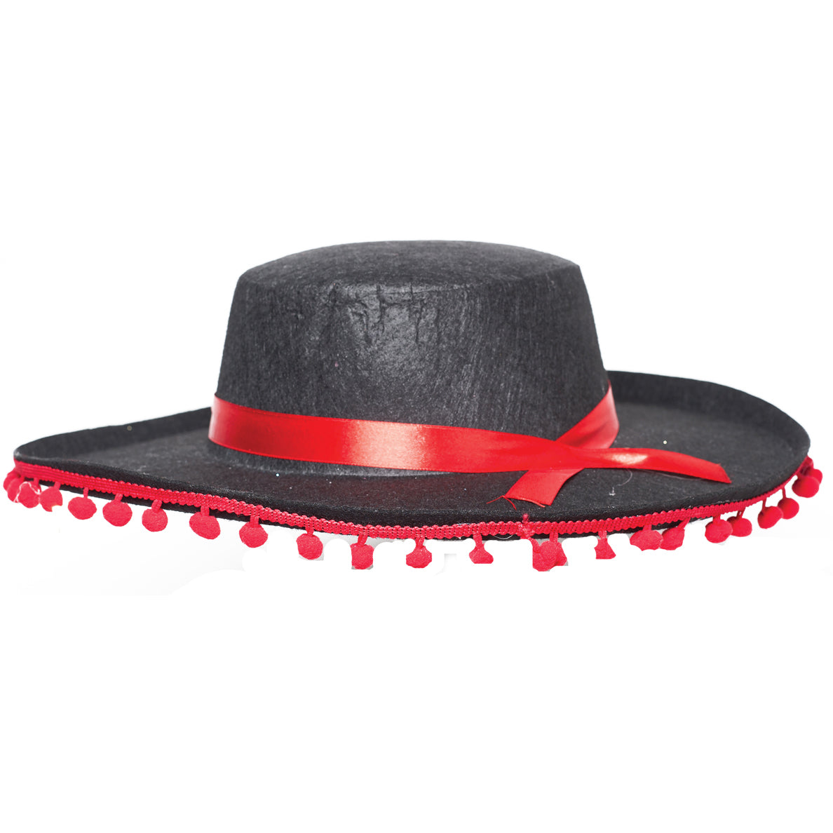 Black Felt Adult Spanish Hat with Pompoms