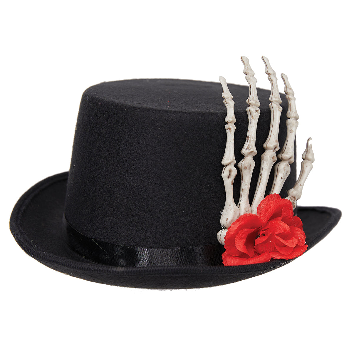 Voodoo Black Hat Top Hat with Skull Hand, Bone and Flower Detail