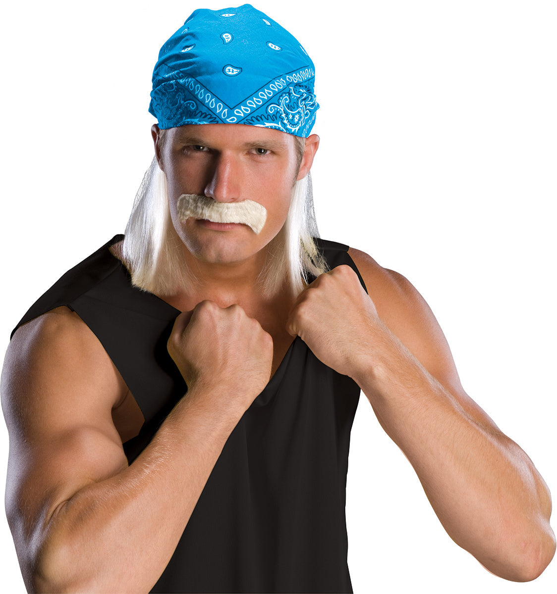 Blonde Wrestling Star Hulk Wig with Bandanna and Mustache