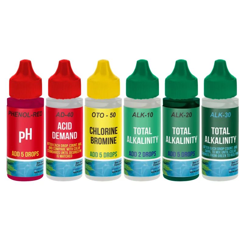 6 Bottle Refill Solution Pack for Premium 5-Way Swimming Pool & Spa Test Kit - pH Chlorine Bromine Alkalinity, Acid Demand Indicators