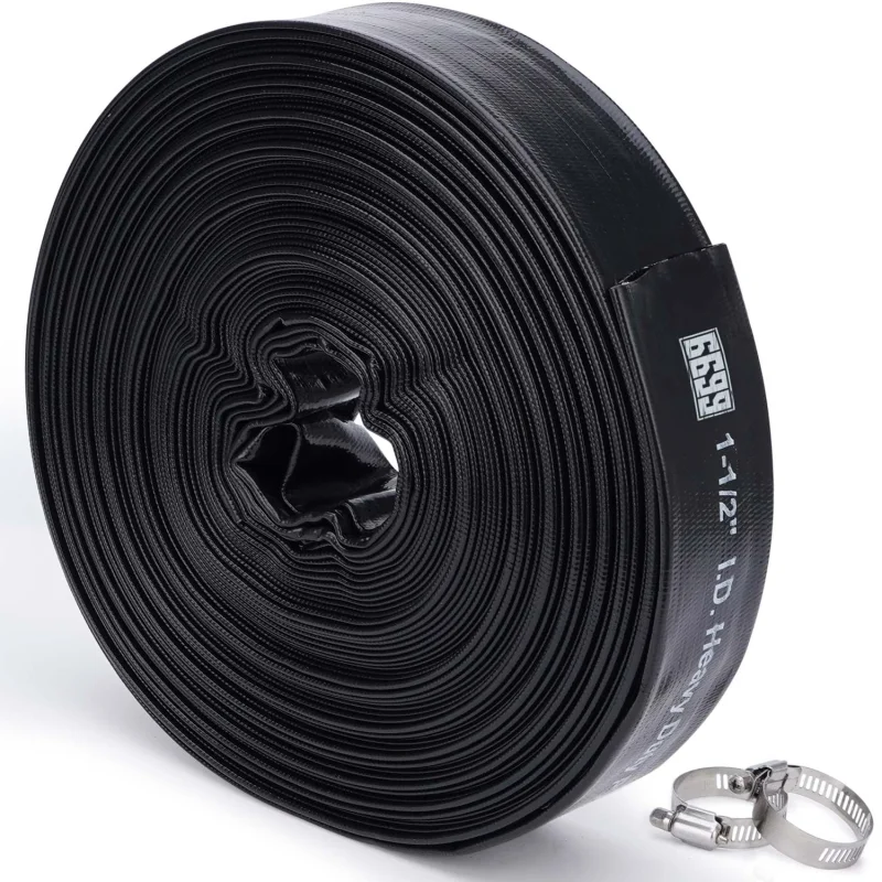 6699 Discharge Hose 1-1/2-Inch by 100-Foot Sump Pump With 2pcs SUS 304 Clamps for Pool Backwash, Draining/Removing Water - Lay Flat 1500