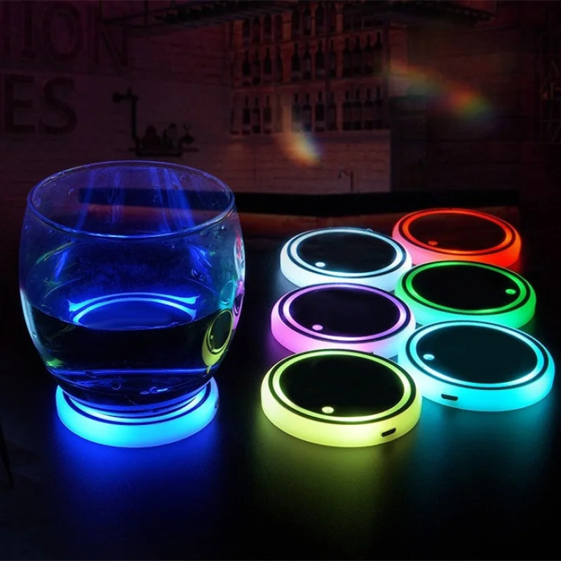 7-Color LED Cup Coaster with Solar & USB Charging | Automatic Light Activation for Car Ambiance 1pc