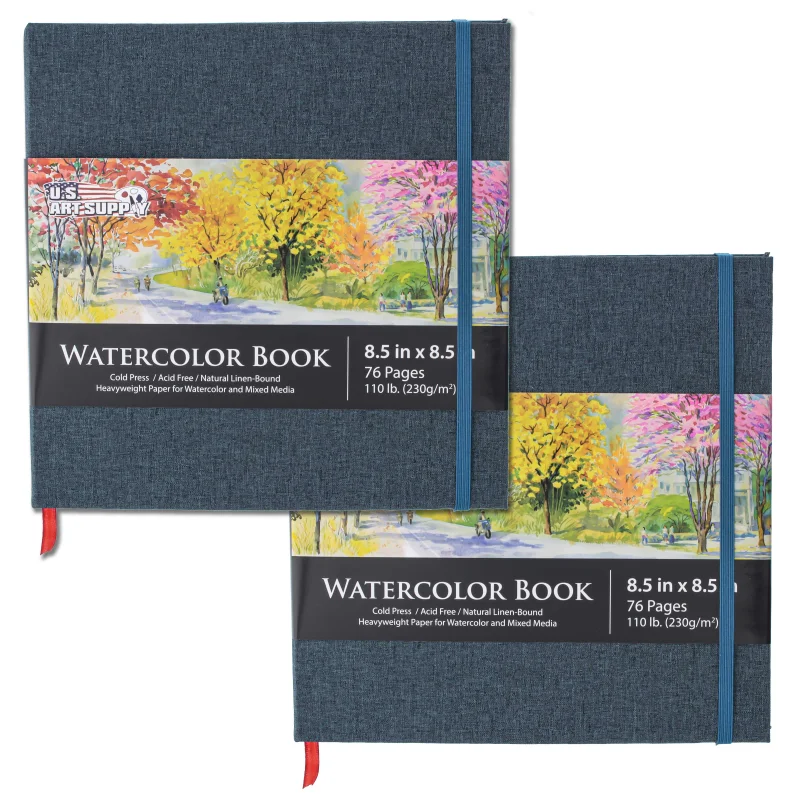 8.5" x 8.5" Watercolor Book (2 Pack, 76 Sheets Each) - 110lb (230 GSM) Linen-Bound Hardcover Artist Paper Pads - Acid-Free Cold-Pressed Watercolor Paper Pad Mixed Media