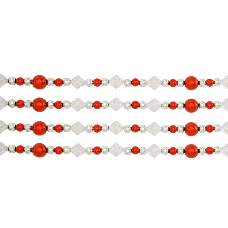 9' Red, White and Silver Iridescent Beaded Hand-Strung Bead Garland