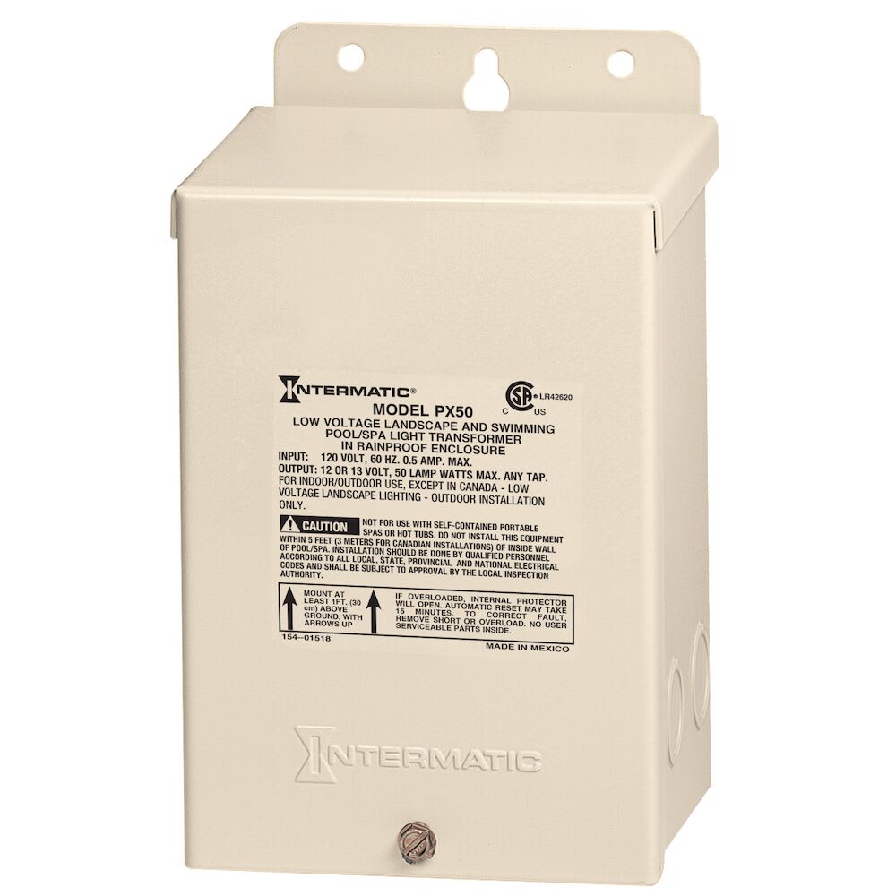 Intermatic 50 Watt Pool & Spa Safety Transformer, Input 120V, Output 12,13,14 Volt, Beige Steel Enclosure