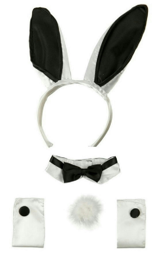 Sexy Black and White Bunny Ears Tail Collar Cuffs Costume Accessory Kit