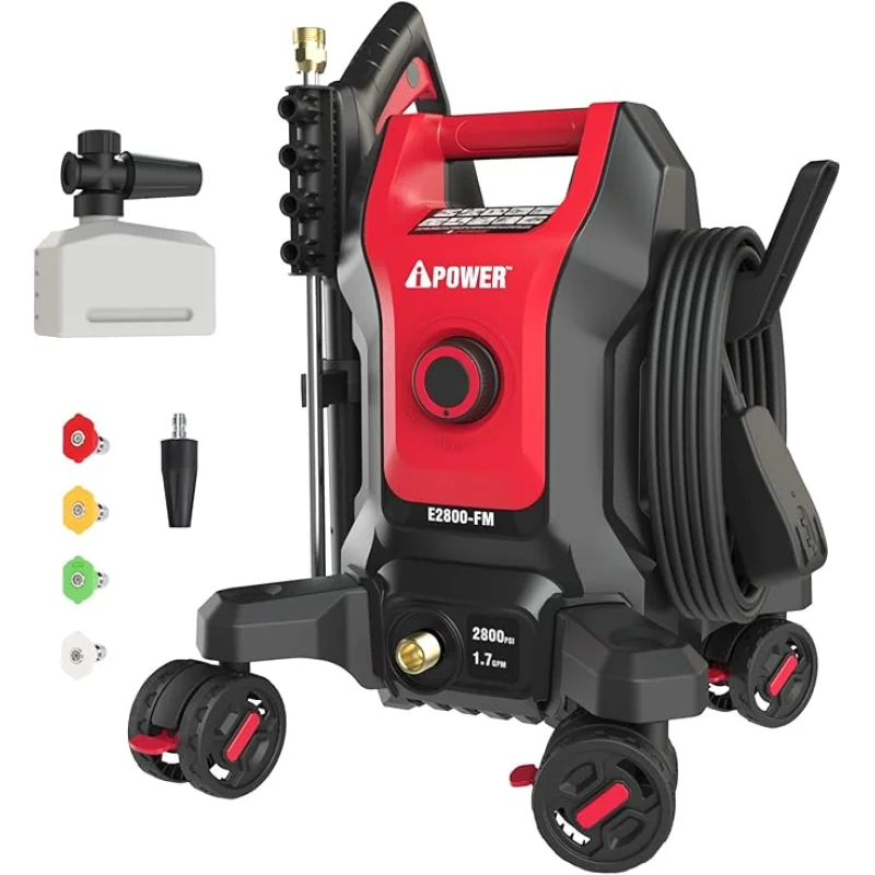 A-iPower Follow Me Electric Pressure Washer 2800 Max PSI 1.7 GPM Anti-Tipping Design with 5 Nozzles, Soap Dispense for Fences, Driveways, Patios, Cars, Home Cleaning, E2800-FM
