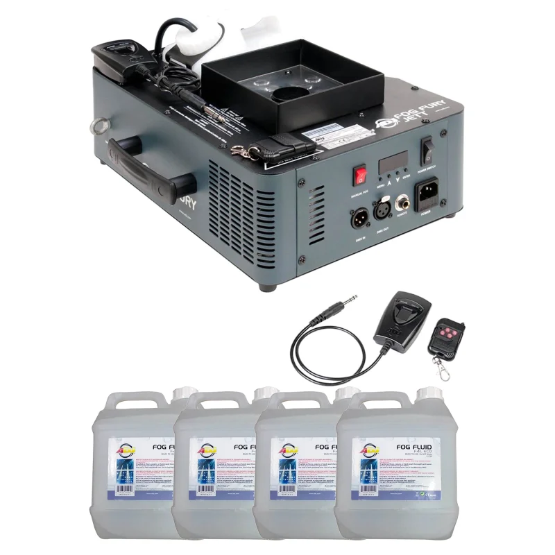 ADJ Fog Fury Jett Fog Machine w/LEDs, Remote Control & 4 Liter Fog Fluid, 4-Pack