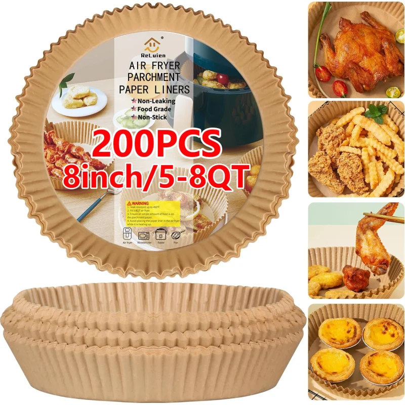 Air Fryer Liners Disposable, 200PCS Non-stick Oil Resistant Air Fryer Parchment Paper Liners, 8 Inch Air Fryer Liners, Round Airfryer Liners for 5-8QT Air fryer, Baking, Roasting Microwave