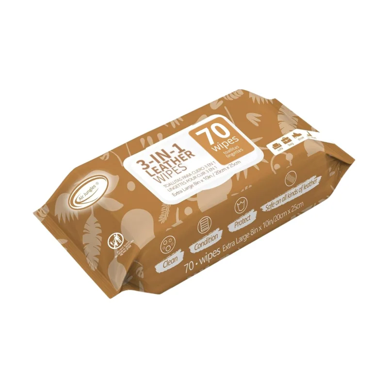 Air Jungles 3in1 Leather Cleaner Wipes 70 Count, Extra Large 8" x 10" Size, Clean Condition Protect Wipes for Vinyl and Leather Apparel Furniture Auto Car Interior Shoes Boots Bags