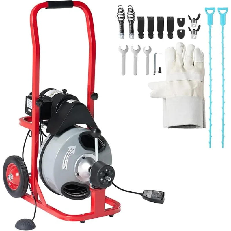 Albott 75 FT x 3/8 inch Electric Drain Cleaner Machine with Auto-Feed & 10 Cutters, Sewer Snake Auger for 14 Inch Pipes, Foot Switch & Wheels, Ideal for Commercial & Home Use, Gray/Red