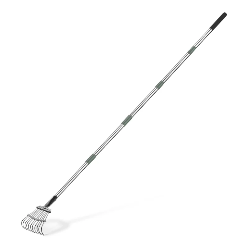 Amazon Basics Garden Rake, Leaf rake with 38.5" - 80.5" Adjustable Steel Handle, Gardening tools for Yard Work, Olive/Black/Silver
