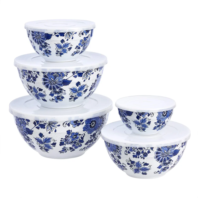 Amazon Basics Nesting Melamine Mixing Round Bowl with Lid and Non-Slip Base, 5 Sizes, Blue and White Floral, Set of 10, 4 quarts, 3 15/16",7 9/16",8 7/8",10",11 1/4"
