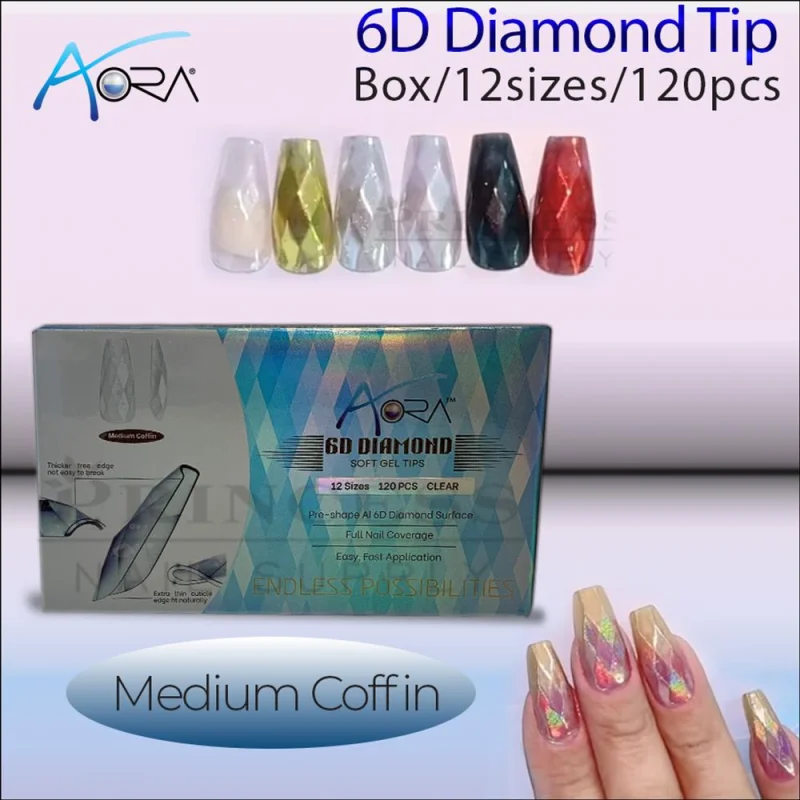 Aora 6D Diamond Tip Box / 12 Sizes / 120 Pieces - Medium Coffin