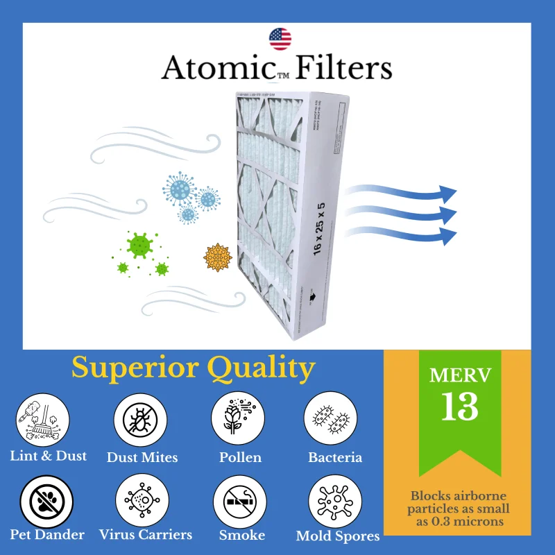 Atomic FILXXCAR0016 16x25x5 MERV 13 Carrier Replacement Furnace Filter - 2 Pack