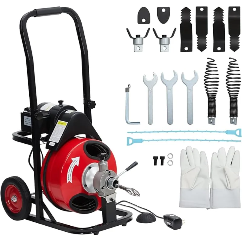 Auto Feed 75 ft x 1/2 in Drain Cleaner Machine with 250W Motor, Portable Sewer Snake Auger with 8 Cutters & Air-activated Foot Switch, Fits 1 in to 4 in Pipes, Black & Red