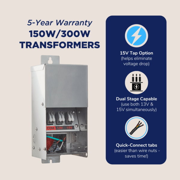 Blue Square VLT600150 Vivid Light Transformer 13V & 15V Taps, 150W, 5Yr Wty, Dual Stage Capable, QC Tabs