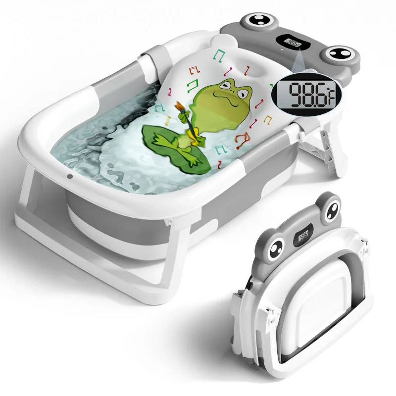 Baby Bathtub, Collapsible Newborn Bathtub for Infant to Toddler 0-24 Months with Soft Cushion and Thermometer,Portable Travel Newborn Tub with No-Slip Feet, Baby Shower Gifts,Grey