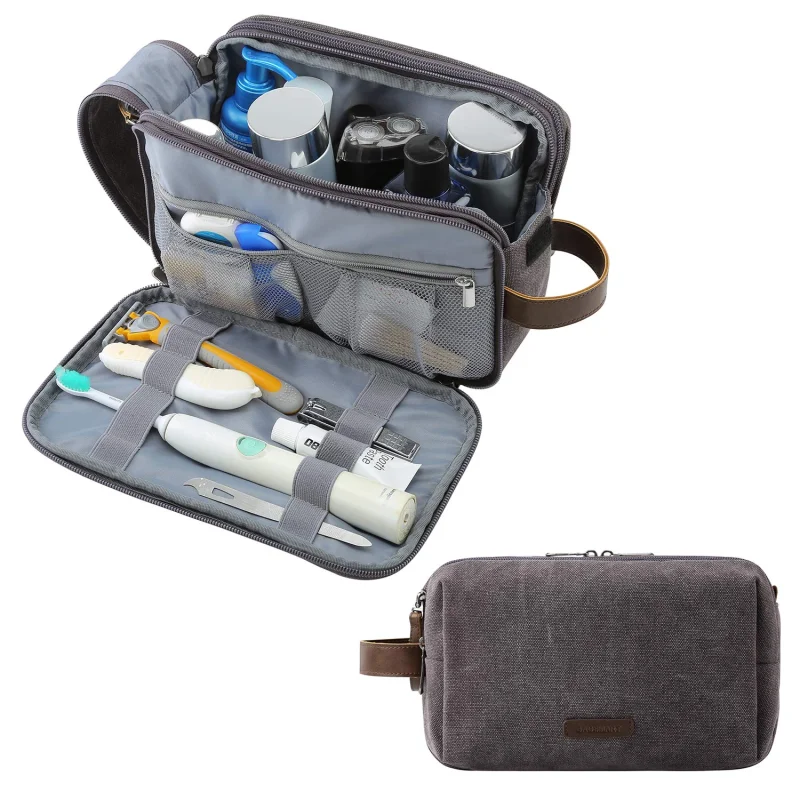 BAGSMART Toiletry Bag for Men, Canvas Travel Toiletry Organizer Dopp Kit Water-resistant Shaving Bag for Toiletries Accessories,Grey-Medium