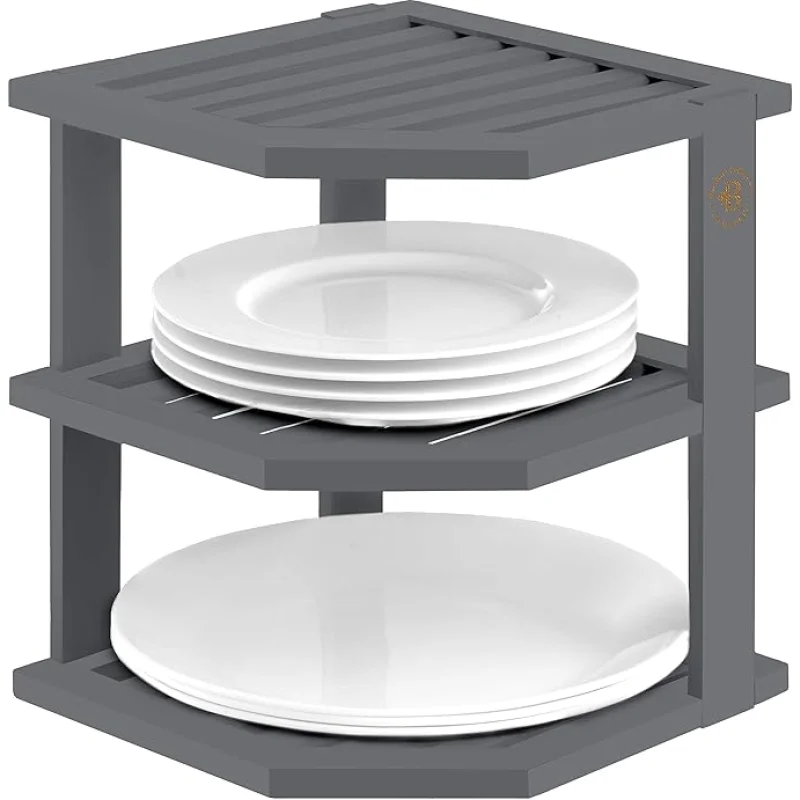 Bambsi Plate Organizer for Cabinet - Corner Cabinet Organizer and Kitchen Cabinet Organizer Shelf, Kitchen Countertop Organizer for Plates, Dishes and Bowls, Space Saving Corner Rack, Grey