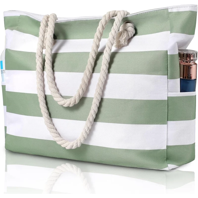 Beach Bliss | Large Waterproof Beach Tote Bag with Zipper | Sandproof Design for Easy Summer Outings Green