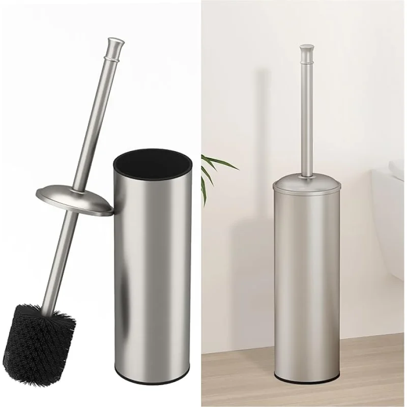 BESy Toilet Brush and Holder, Toilet Cleaner Bowl Set with Two Brush with Extra Long Handle, Durable Bristles Toilet Scrubber and Covered Holder, Drip-Proof Stainless Steel Brushed Nickel