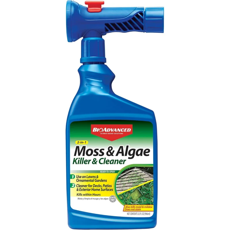 BioAdvanced 2-in-1 Moss and Algae Killer for Lawns, Moss Killer for Roofs, Patios, Decks, and Deck Cleaner, 32 oz