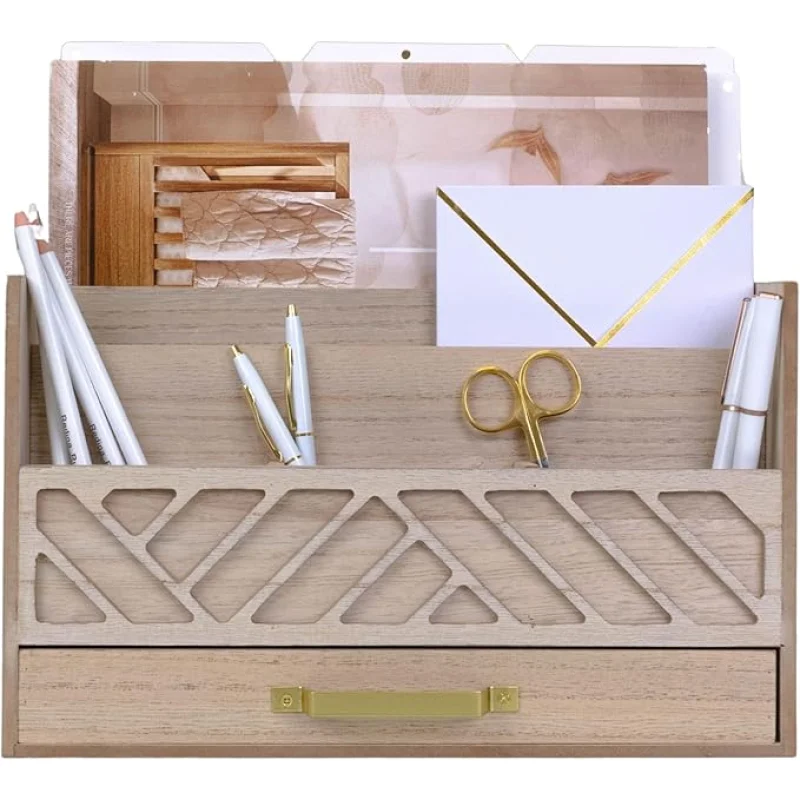 BLU MONACO | Wooden Mail Organizer with Drawer and Gold Handle | Outgoing Mail Holder and Letter Sorter for Desk | Natural Wood Desktop Paper Organizer